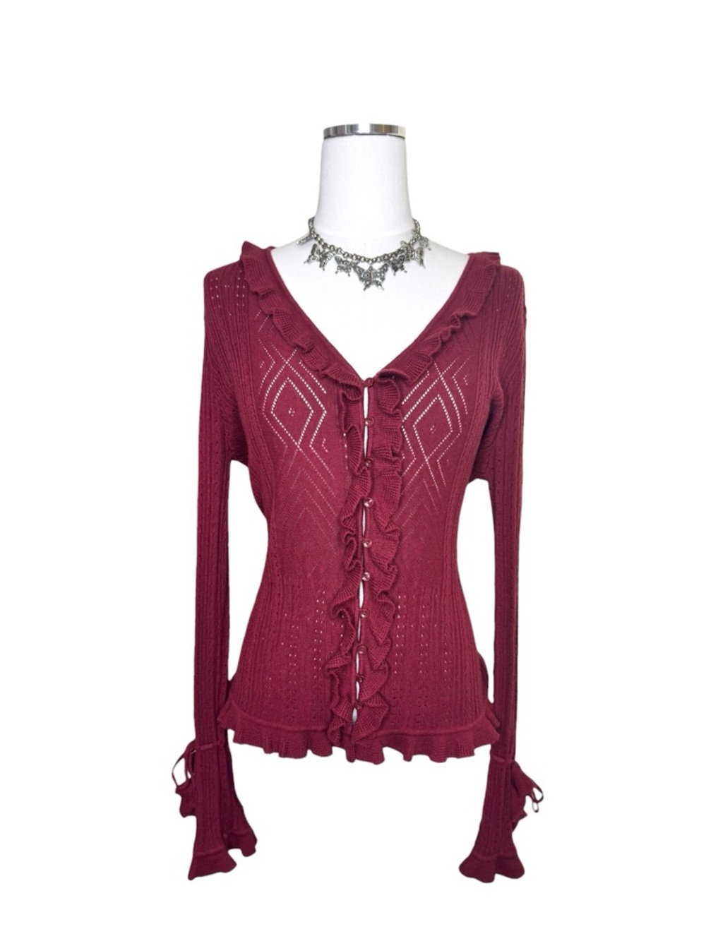 Y2K MixIt Wine Red Ruffled V-Neck Button Flare Sleeve Cardigan Size Large